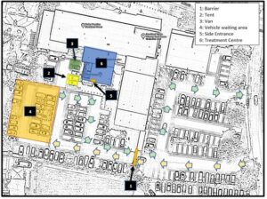 Figure 1: Map of the project design to extend the capacity of an existing health centre (in blue) with rapid access care